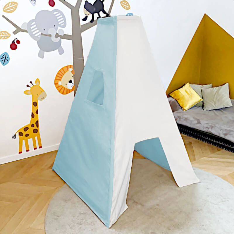 Tente tipi enfant 4 cotés en coton - couleur blanc bleu
